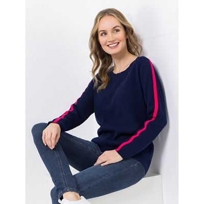 DENIM & CO. Pullover Rundhalsausschnitt Kontraststreifen figurumspielend