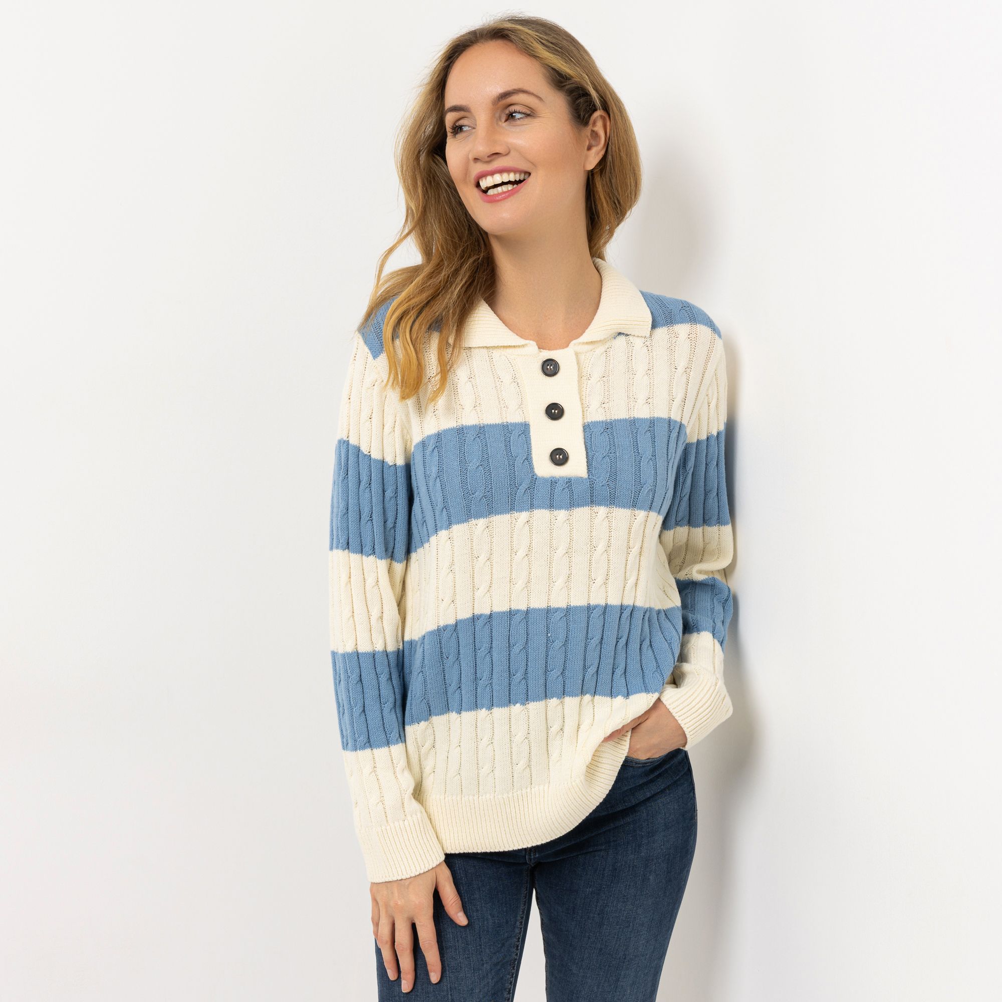 DENIM & CO. Pullover Polokragen Knopfleiste Zopfmuster