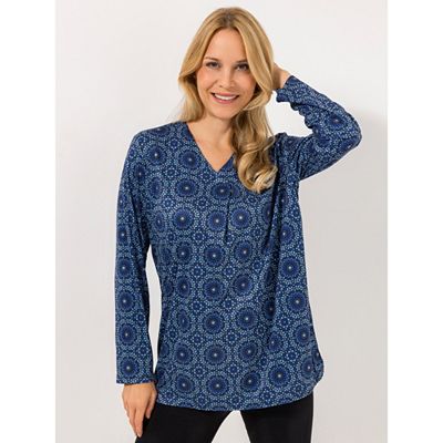JERYMOOD HOMEWEAR Bluse, 1/1-Arm V-Halsausschnitt Falten-Detail bedruckt