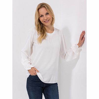 LOVELY SISTERS® Bluse, 3/4-Arm Rückenauschnitt Rundhalsausschnitt Geraffter Ärmel