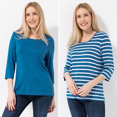 Thumbnail - DENIM & CO. 2 Shirts 3/4-Arm Rundhalsausschnitt uni und gestreift