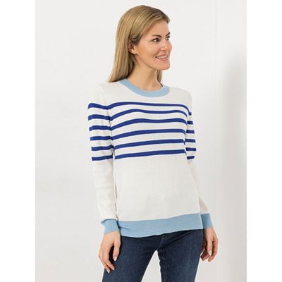 DENIM & CO. Pullover Rundhalsausschnitt Streifen Kontrastkanten