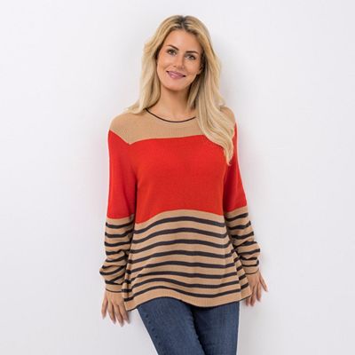 DENIM & CO. Pullover Rundhalsausschnitt Kontrast-Streifen Rippenstruktur