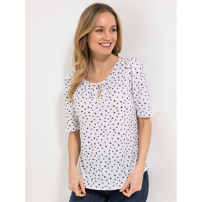 DENIM & CO. Shirt, 1/2-Arm Rundhalsausschnitt Bindeband Lochstickerei