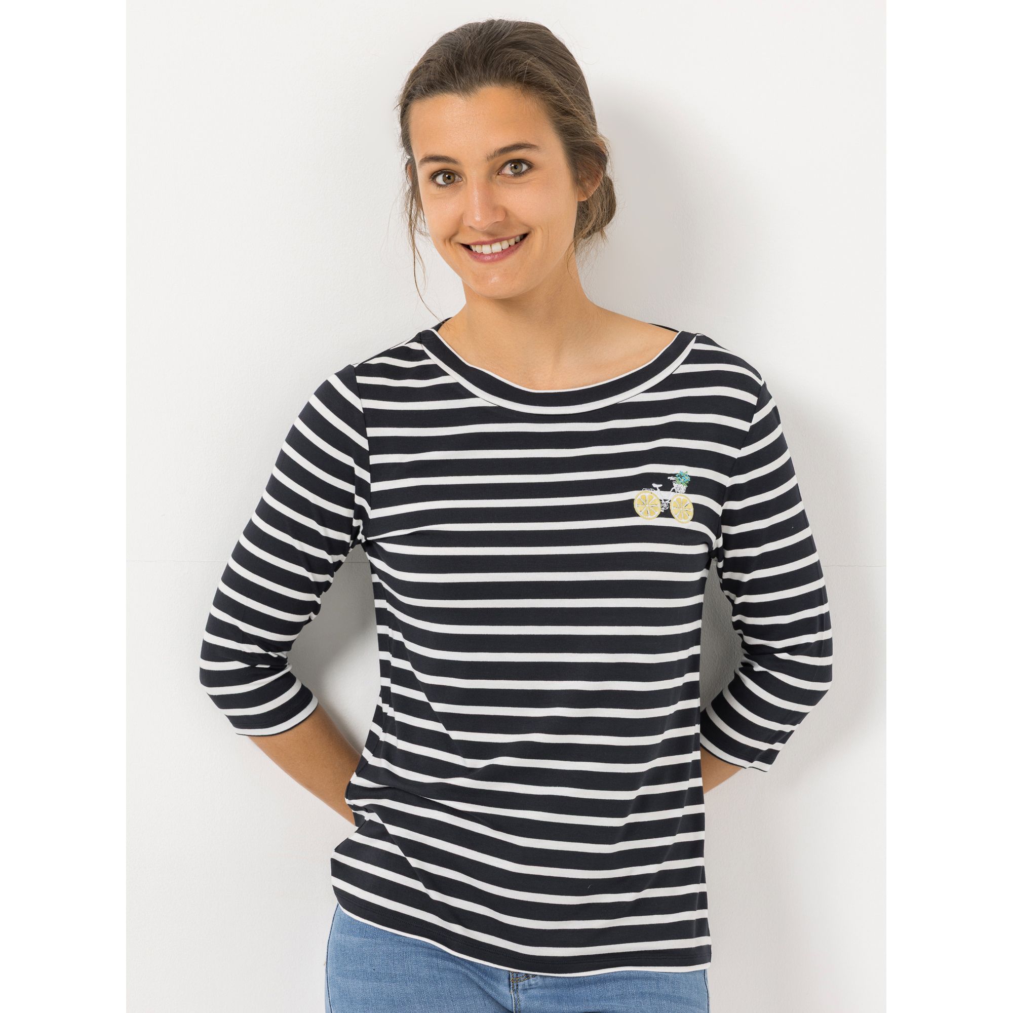 DENIM & CO. Shirt, 3/4-Arm Rundhalsausschnitt Applikation gestreift