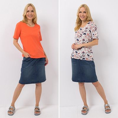 Thumbnail - DENIM & CO. Doppelpack Shirts Rundhalsausschnitt Seitenschlitze bedruckt & uni