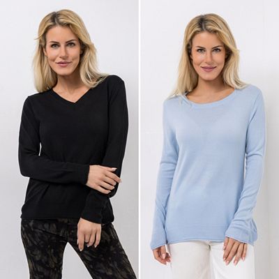 CASHMASOFT 2er Set Pullover Cashmeregriff Rund- & V-Ausschnitt abgesetzte Bündchen