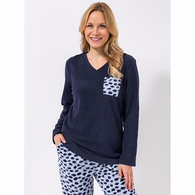 POLARSTERN HOMEWEAR Shirt, 1/1 Arm Mikrofaser Fleece V-Ausschnitt aufgesetzte Tasche