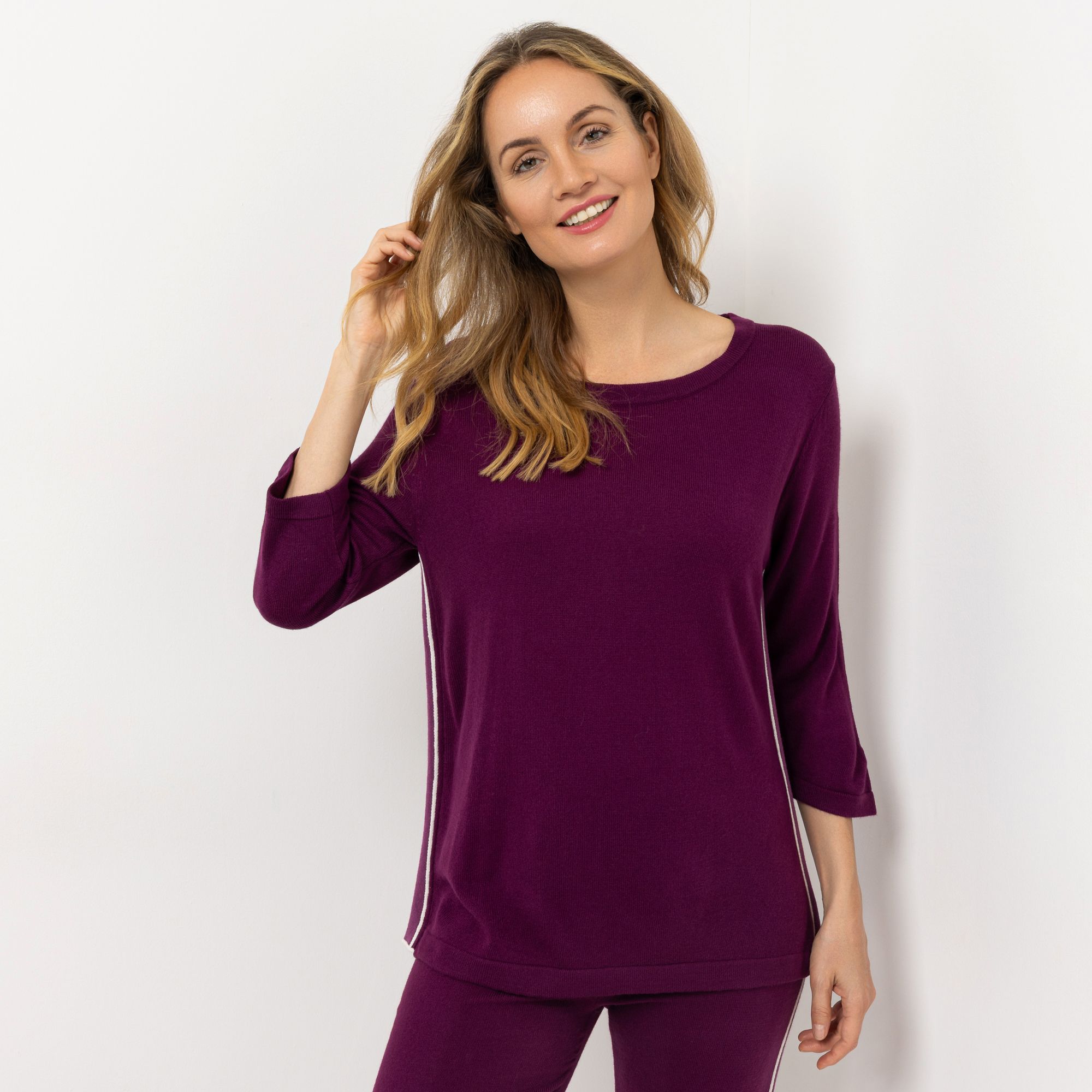 CASHMASOFT Pullover, 3/4-Arm Rundhalsausschnitt Galon-Streifen figurumspielend