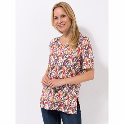 IN-PRINT Jersey-Shirt, 1/2-Arm V-Ausschnitt Seitenschlitze Figurumspielend