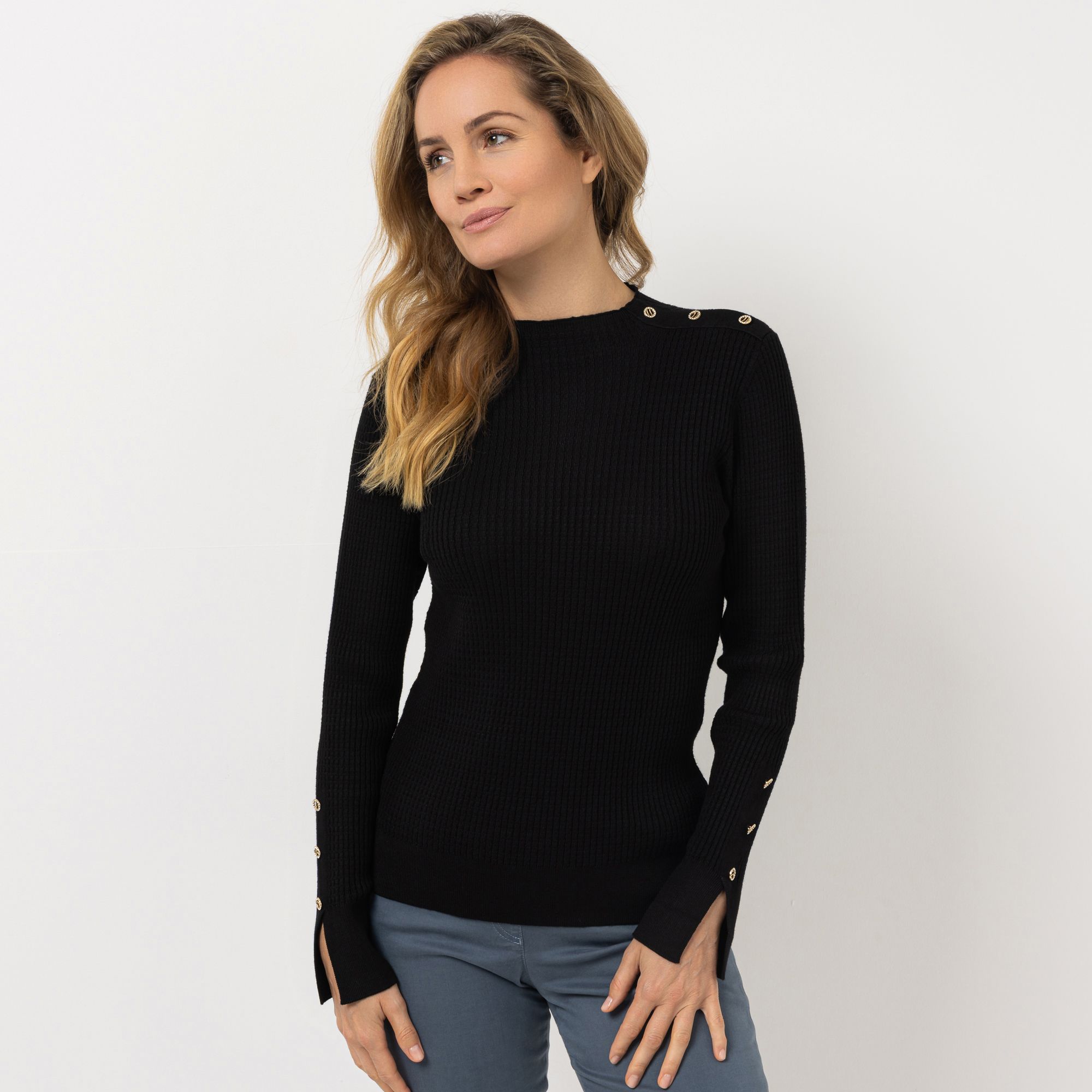 VIA MILANO Pullover, 1/1-Arm Rundhalsausschnitt Knopf-Details figurbetont