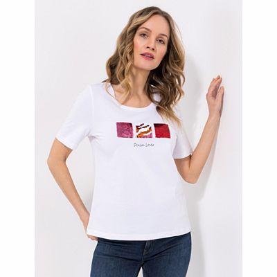 DENIM & CO. Shirt, 1/2-Arm Rundhalsausschnitt Paillettenapplikation figurumspielend