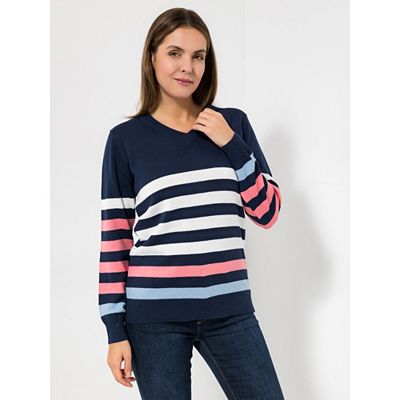 Thumbnail - DENIM & CO. Pullover, 1/1-Arm V-Ausschnitt gestreift figurumspielend