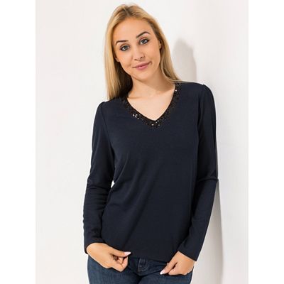 VIA MILANO Shirt, 1/1-Arm V-Ausschnitt Schmuck-Details Figurumspielend