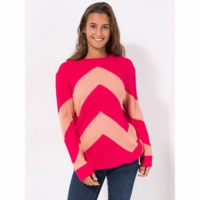 DENIM & CO. Pullover Rundhalsausschnitt Zick-Zack Intarsie figurumspielend