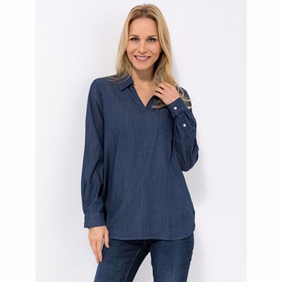 Thumbnail - DENIM & CO. Bluse, Jeansoptik Zierausschnitt Brusttasche Quetschfalte