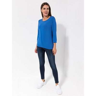 DENIM & CO. Shirt, 3/4-Arm Rundhalsausschnitt Knopfdetail auf der Schulter