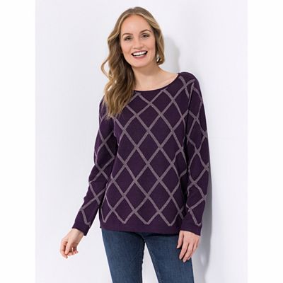 DENIM & CO. Pullover, 1/1-Arm Rundhalsausschnitt Rautenmuster figurumspielend