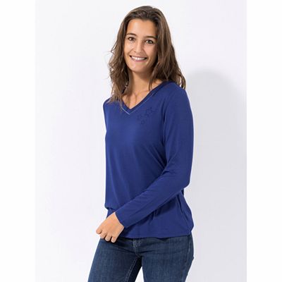 DENIM & CO. Shirt V-Ausschnitt Strassdetails figurumspielend