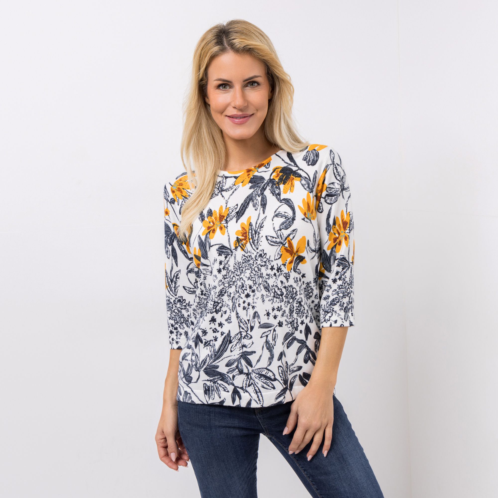 CASHMASOFT Pullover, 3/4-Arm Rundhalsausschnitt Cashmeregriff Allover-Blumen-Druck