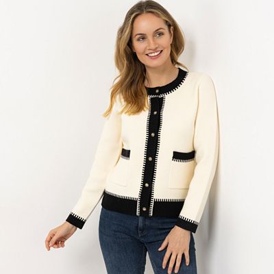 Thumbnail - VIA MILANO Cardigan, 1/1-Arm Rundhalsausschnitt Knopfleiste Kontrast-Details