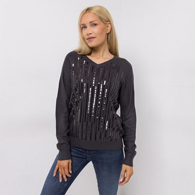 CASHMASOFT Pullover V-Ausschnitt Cashmeregriff Pailletten vorne