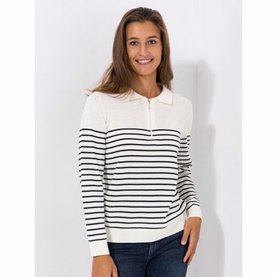 DENIM & CO. Pullover 1/1-Arm Troyer Aussschnitt geringelt