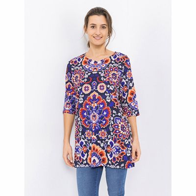 IN-PRINT Tunika, 3/4-Arm Herzausschnitt Seitenschlitze Allover-Druck
