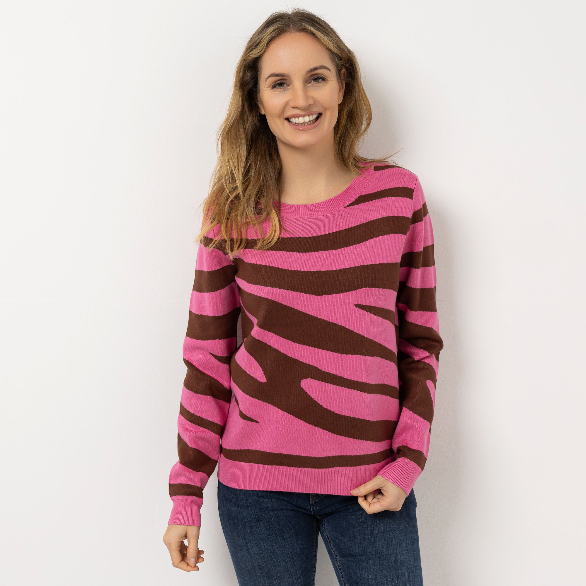 VIA MILANO Pullover, 1/1-Arm Rundhalsausschnitt Zebra-Jacquard figurumspielend