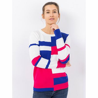 DENIM & CO. Pullover Rundhalsausschnitt Rippenbundabschlüsse Colorblock Mix
