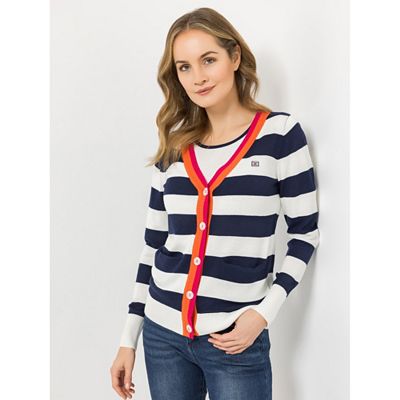 STRANDFEIN Streifencardigan V-Ausschnitt Kontrastblende figurumspielend