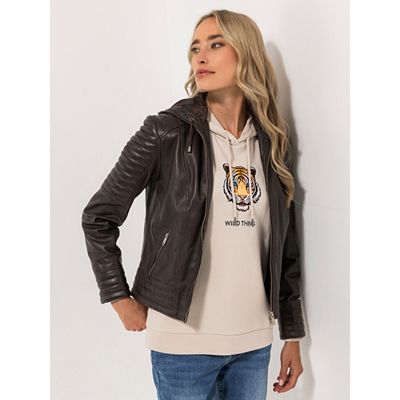 STRANDFEIN Lederjacke mit Kapuze Lammnappa, Used-Look 2-Wege-Reißverschluss figurumspielend