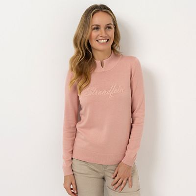 STRANDFEIN Pullover, Steh- kragen mit Schlitz Logo-Stickerei figurumspielend