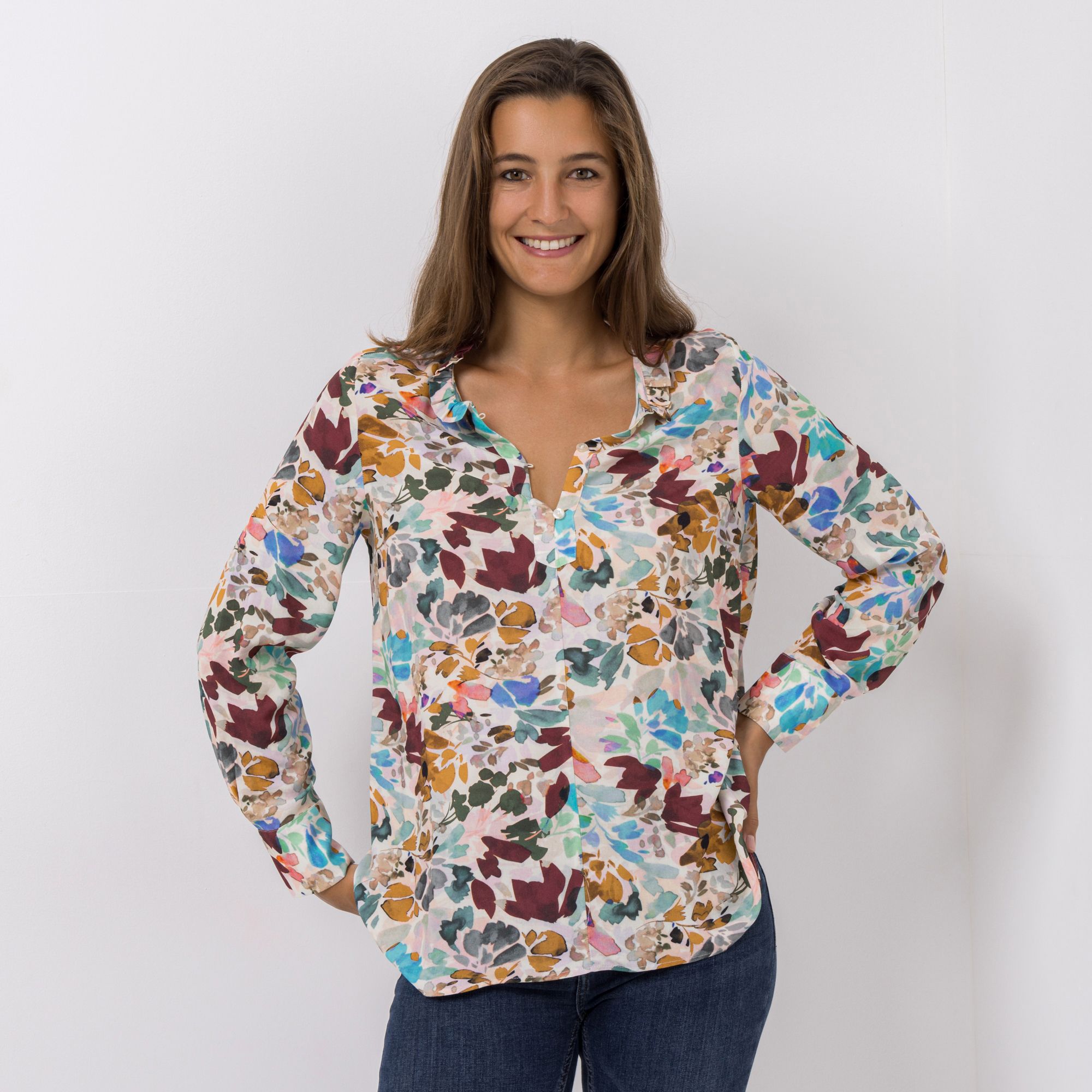 DINE'N'DANCE Bluse, 1/1-Arm Rundhalsausschnitt Rüschen leger weit