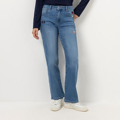 STRANDFEIN Jeanshose lange Form Logo-Sticker gerades Bein