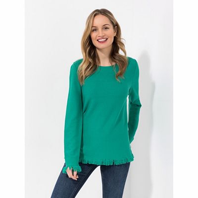 DINE 'N' DANCE Pullover, 1/1-Arm Rundhalsausschnitt Fransensaum figurumspielend