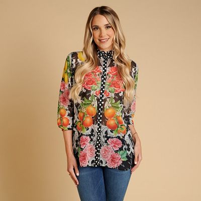 Thumbnail - SCHIFFHAUER MUNICH® Bluse, 3/4 Arm Stehkragen mit Rüsche Strasssteinbesatz figurumspielend