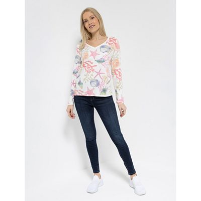 DINE 'N' DANCE Pullover, 1/1-Arm V-Ausschnitt Allover-Druck figurumspielend