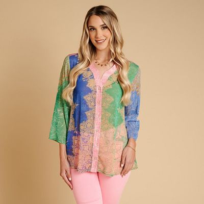 Thumbnail - SCHIFFHAUER MUNICH® Bluse, 3/4 Arm Knopfleiste Strasssteinbesatz leger weit