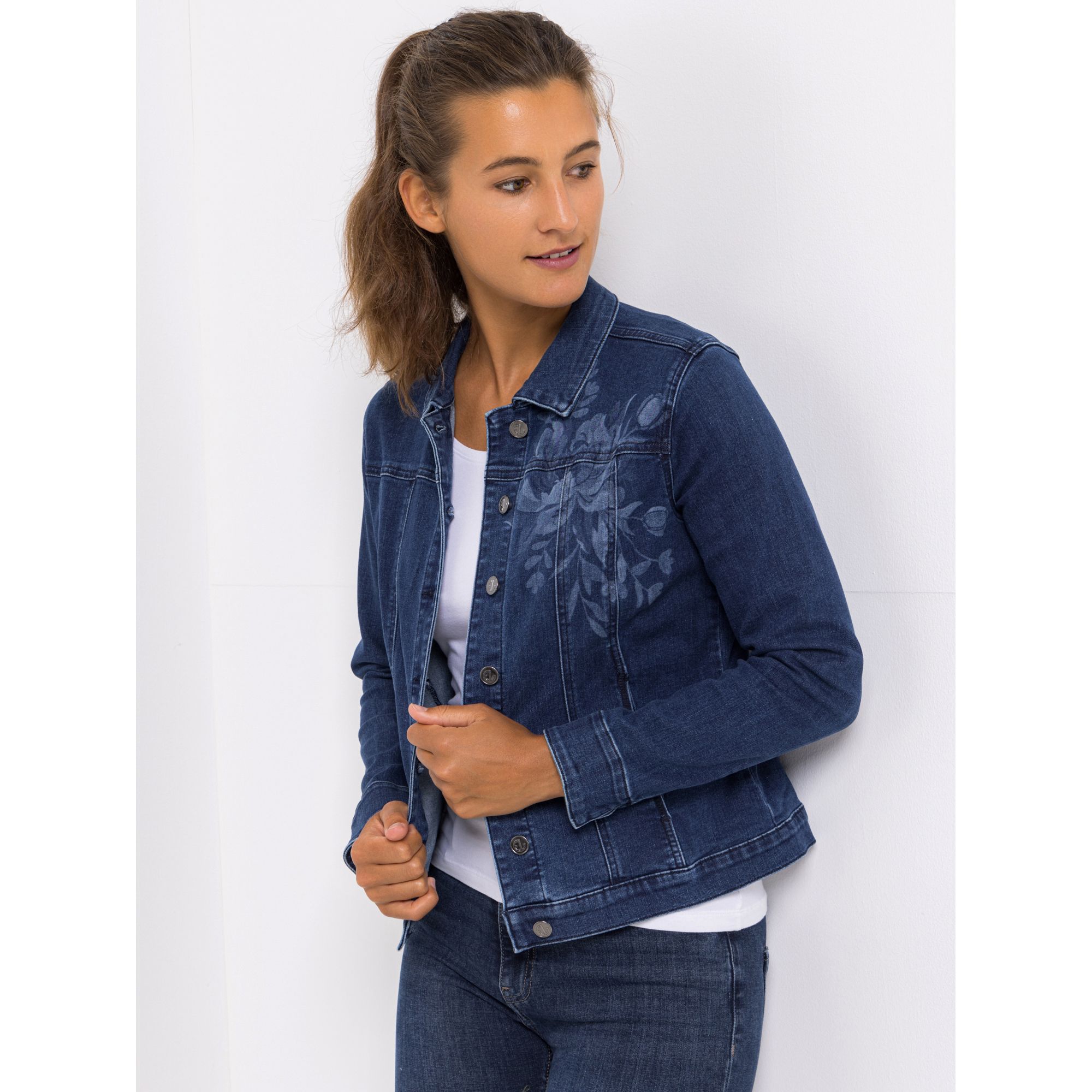 EVA LUTZ Jeansjacke Knopfleiste Laserdruck figurbetont