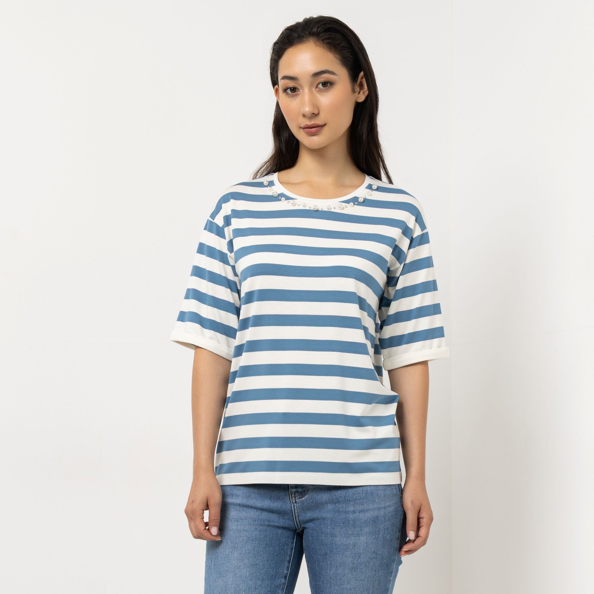 STEFFEN SCHRAUT Shirt, langer 1/2 Arm Rundhalsausschnitt Perlen und Ziersteine leger weit