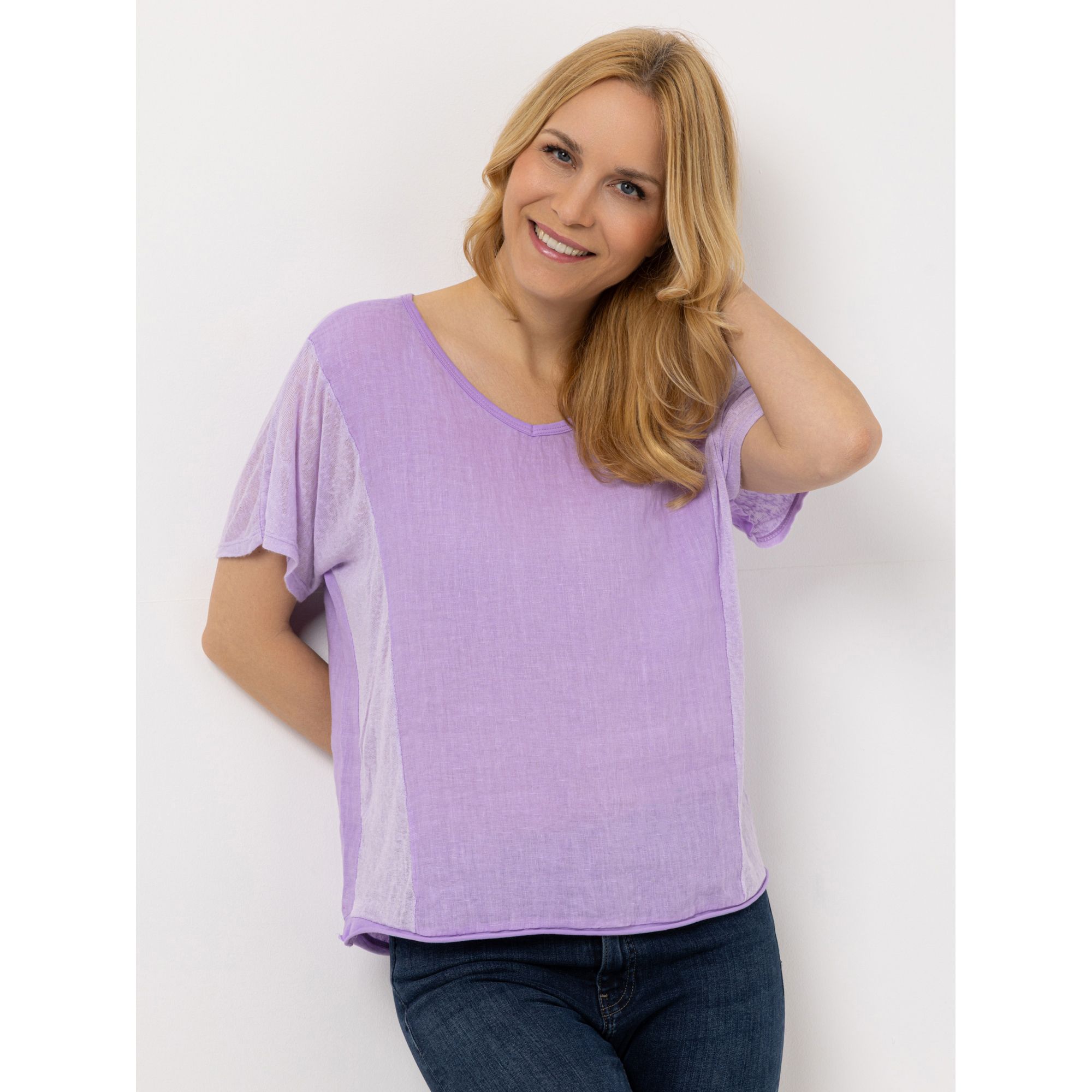 DINE 'N' DANCE Blusenshirt, 1/2-Arm Rollkante am Saum V-Ausschnitt leger weit