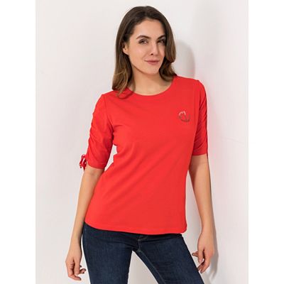 EVA LUTZ Shirt, 1/2-Arm mit Raffung Strass-Logo figurumspielend