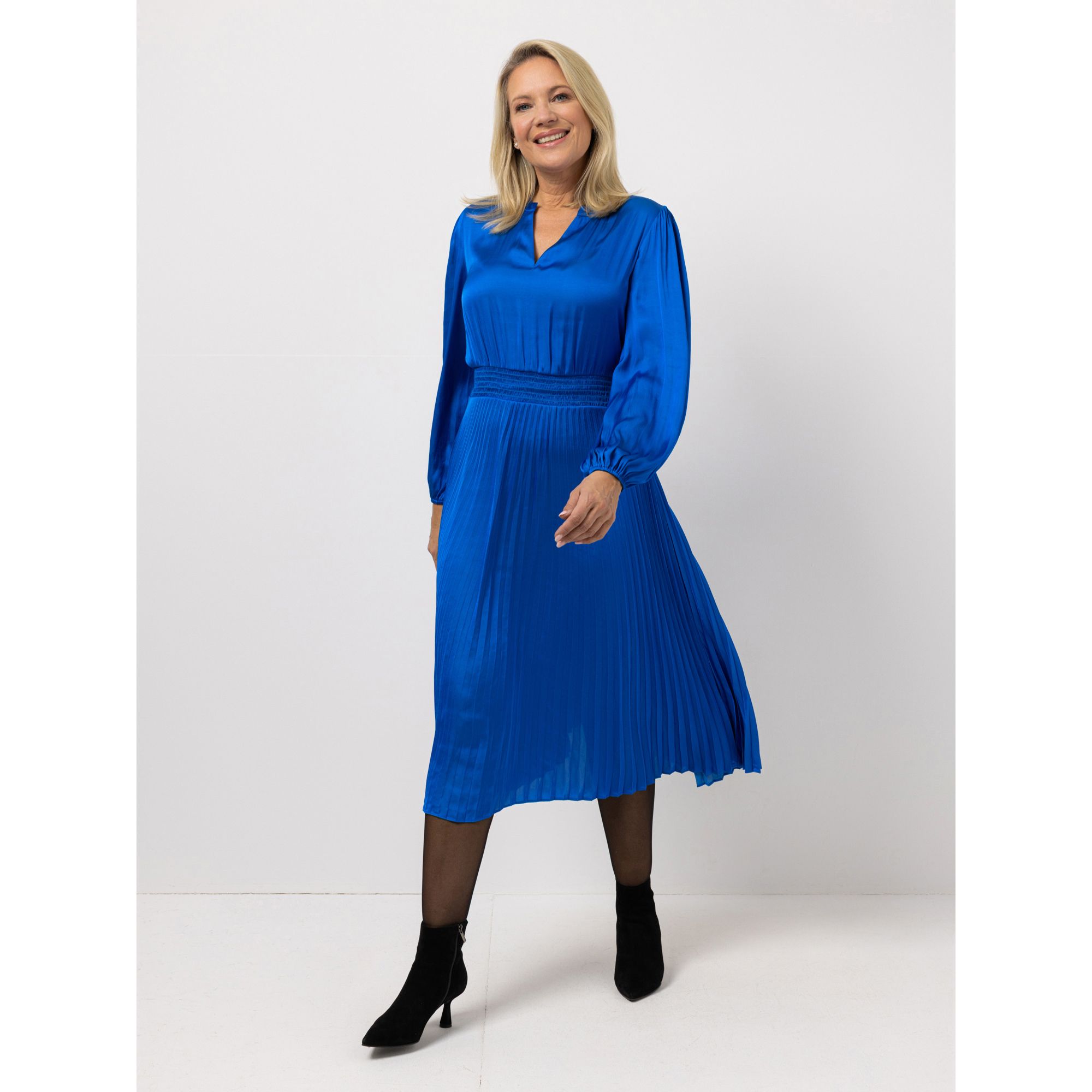 KILIAN KERNER SENSES Kleid, Langarm V-Ausschnitt Plissee-Falten wadenumspielend