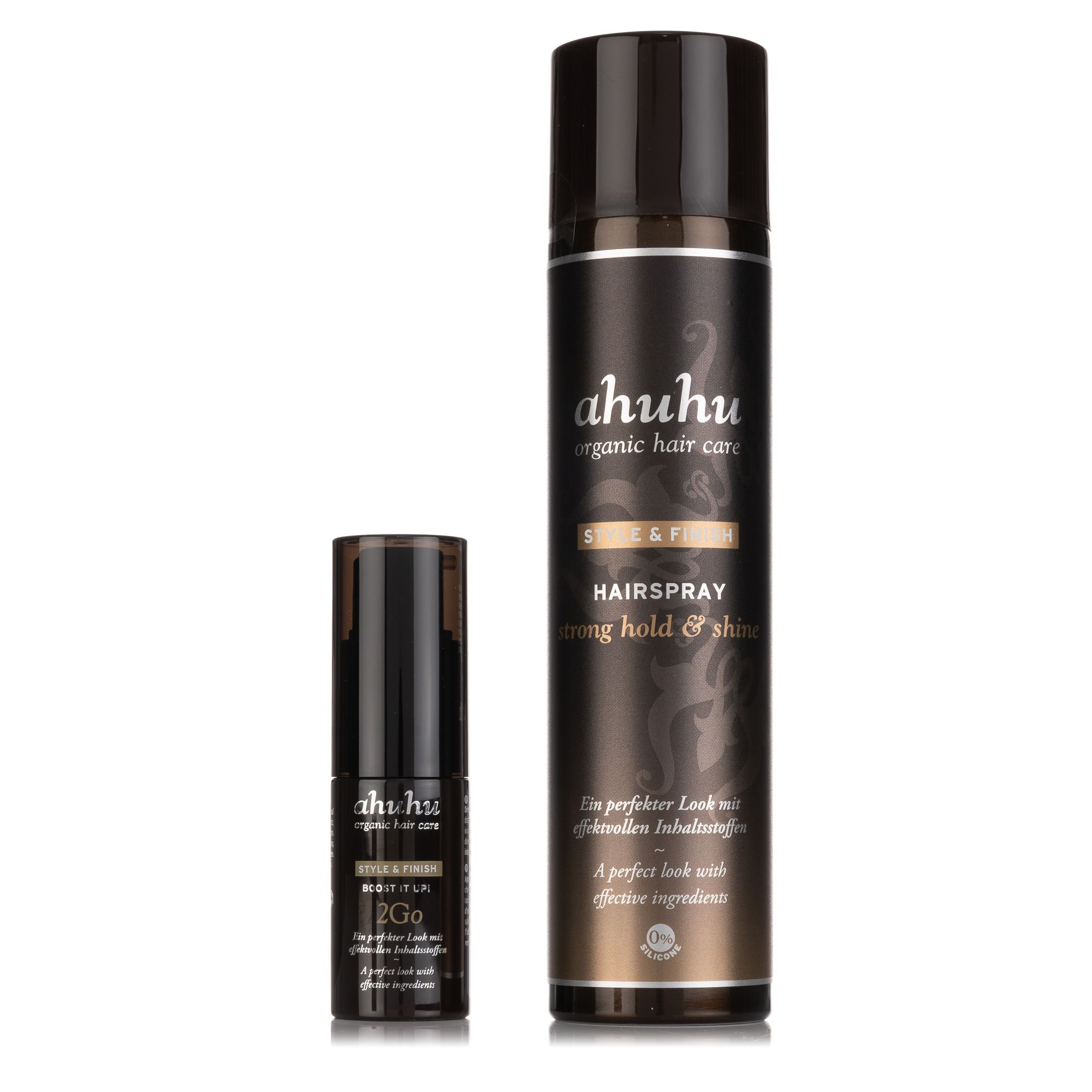 ahuhu organic hair care Strong Hold & Shine Hairspray 300ml Boost it Up! 2 Go 10g