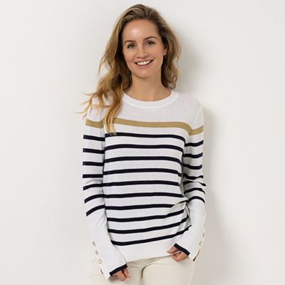 STRANDFEIN Pullover, gestreift Glanzgarn goldene Knöpfe figurumspielend