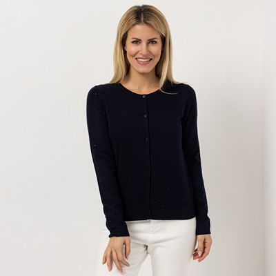 STRANDFEIN Cardigan Rundhalsausschnitt Strasssteine Allover figurumspielend