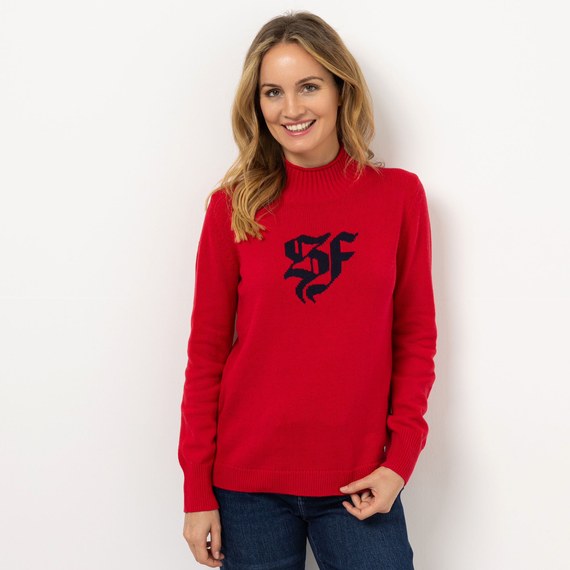 STRANDFEIN Pullover Stehkragen Logo-Intarsie figurumspielend