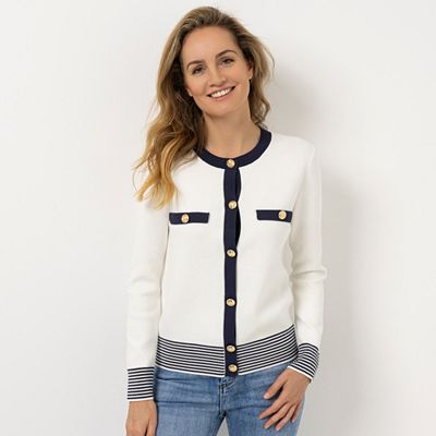 STRANDFEIN Cardigan Rundhalsausschnitt dekorative Knöpfe figurumspielend