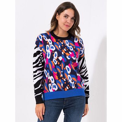 Thumbnail - ANNI FOR FRIENDS Pullover, 1/1-Arm Rundhalssauschnitt Jacquard Muster leger weit.- Oversize